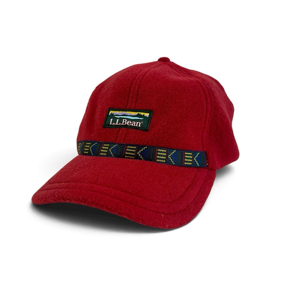 Vintage LL Bean Mountain Hat Men's M Red Fleece Aztec Belt Adjustable Ear Flap